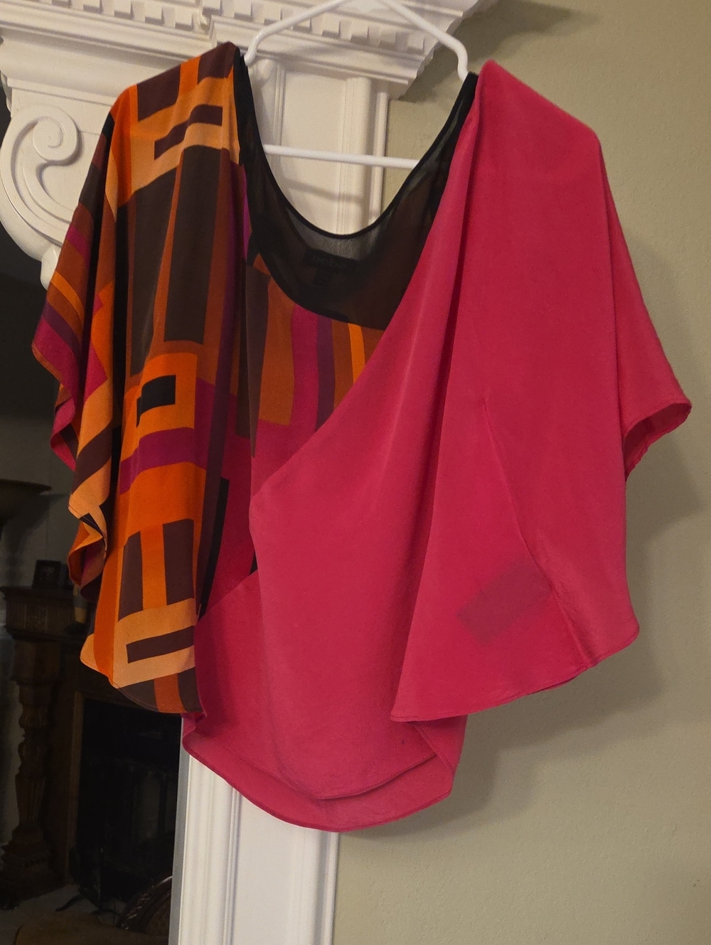 bebe Pink and Orange Mixed-Print Asymmetric Blouse